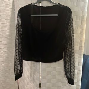 Sexy, black, crop top with long, sheer polkadot sleeves NWOT